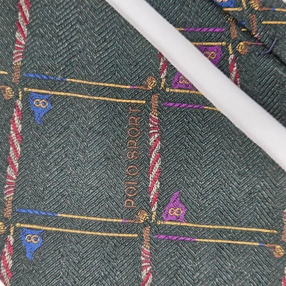 POLO SPORT RALPH LAUREN SILK TIE HAND MADE GREEN GOLF FLAG HERRINGBONE 4